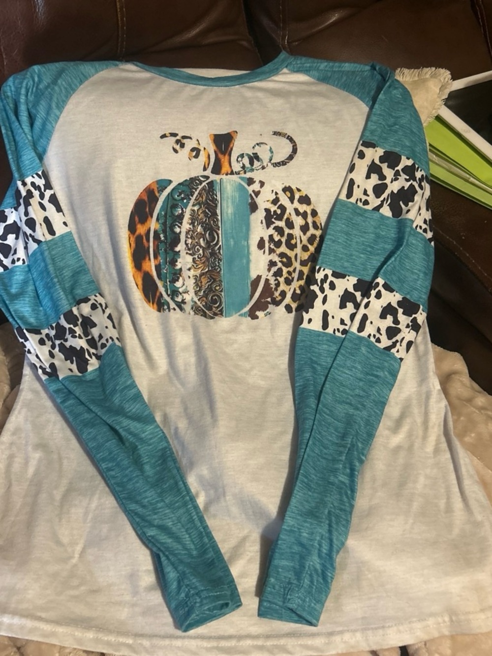 SHEIN Teal & White Raglan Long Sleeve Pumpkin Graphic Tee